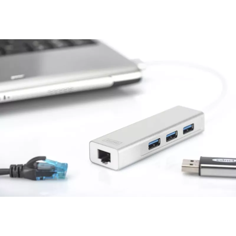DIGITUS USB 3.0, 3-portový hub & Gigabit LAN adaptér 3xUSB A/F, 1xUSB A/M, 1xRJ45 LAN podporuje Windows a Mac OS