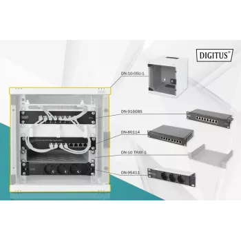 DIGITUS 10in sieťový balík – 6U skriňa, sivá polica, PDU, 8-portový switch, CAT6 patch panel
