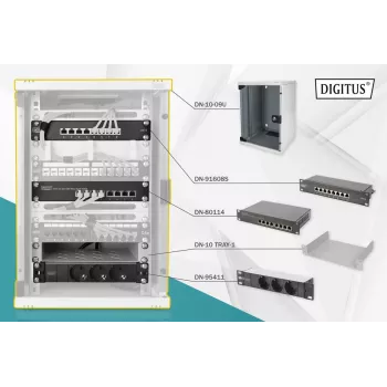 DIGITUS sieťová sada 10in-9U 312x300mm skriňa polica PDU 8Port patch panel