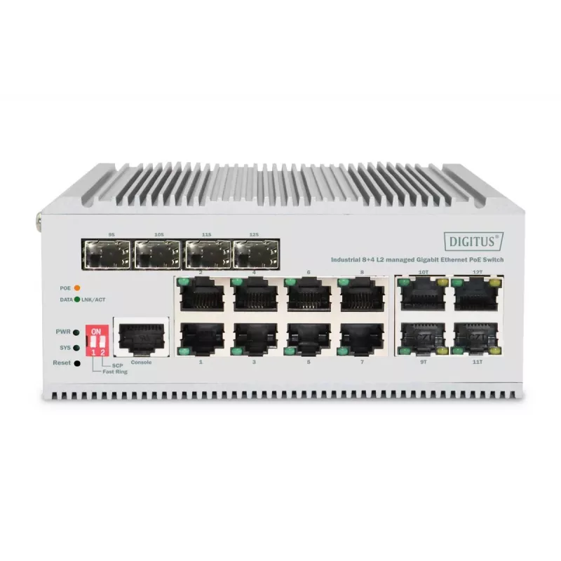 DIGITUS Gigabit Ethernet sieťový PoE switch - 8 portov priemyselný, L2 managed, 4 SFP uplink