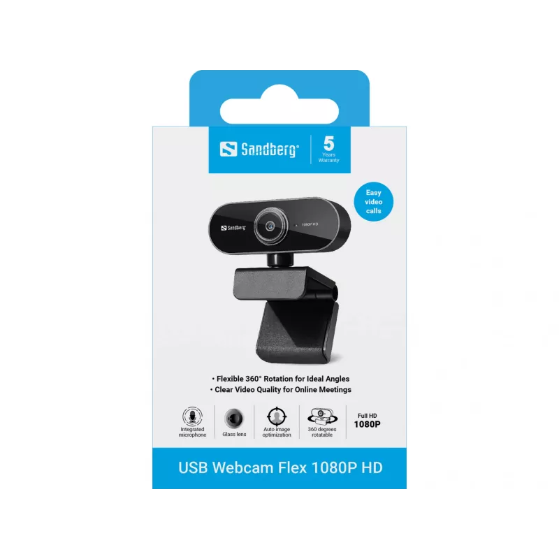 Sandberg USB webkamera Flex 1080P HD, 2 MP, 1920 x 1080 pixelov, Full HD, 30 fps, USB, čierna