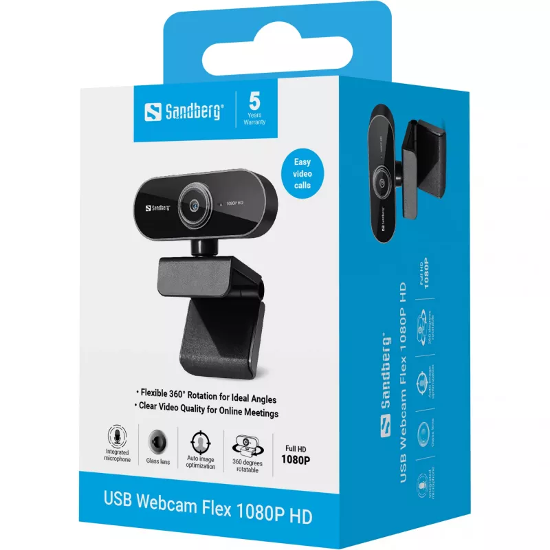 Sandberg USB webkamera Flex 1080P HD, 2 MP, 1920 x 1080 pixelov, Full HD, 30 fps, USB, čierna