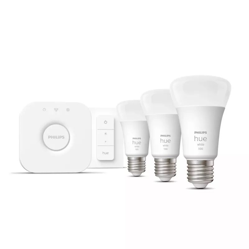 Philips Hue White Starterkit: 3 E27 smart žiarovky (1100) + stmievač