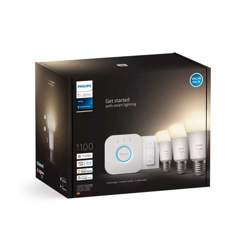 Philips Hue White Starterkit: 3 E27 smart žiarovky (1100) + stmievač