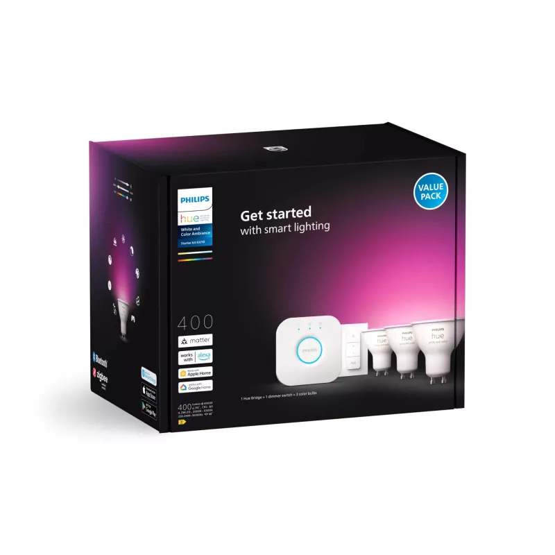 Philips Hue White and Colour Ambience štartovacia súprava: 3 GU10 smart bodové svetlá + stmievač