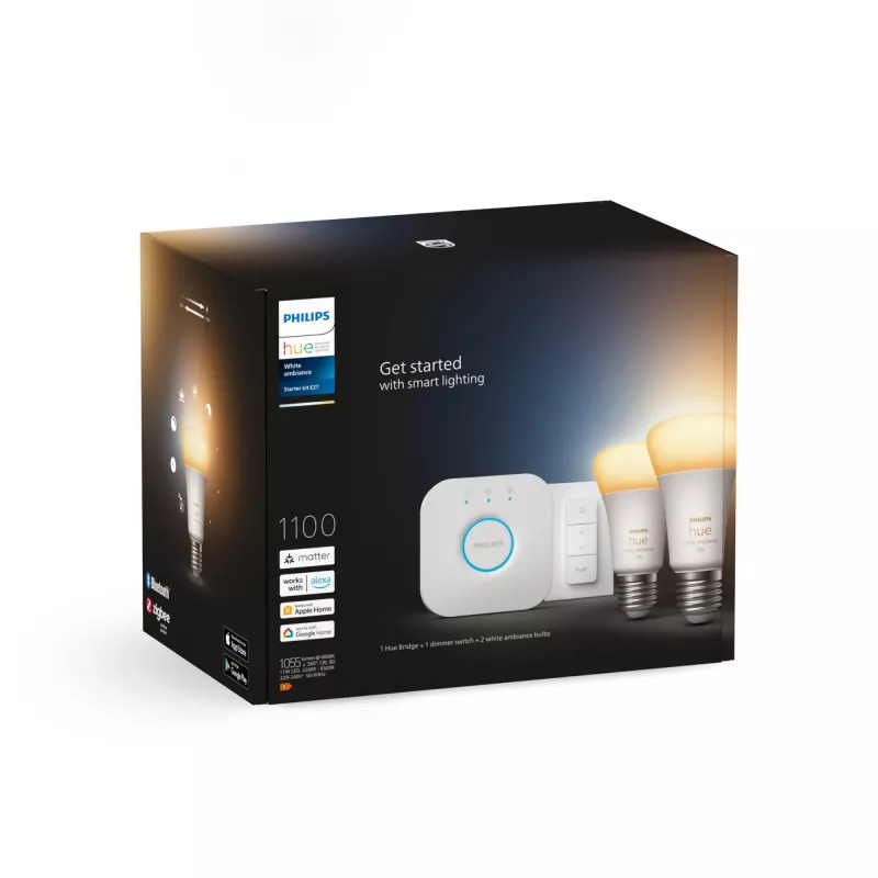 Philips Hue White Ambiance štartovacia sada: 2 E27 smart lampy (1100) + stmievač