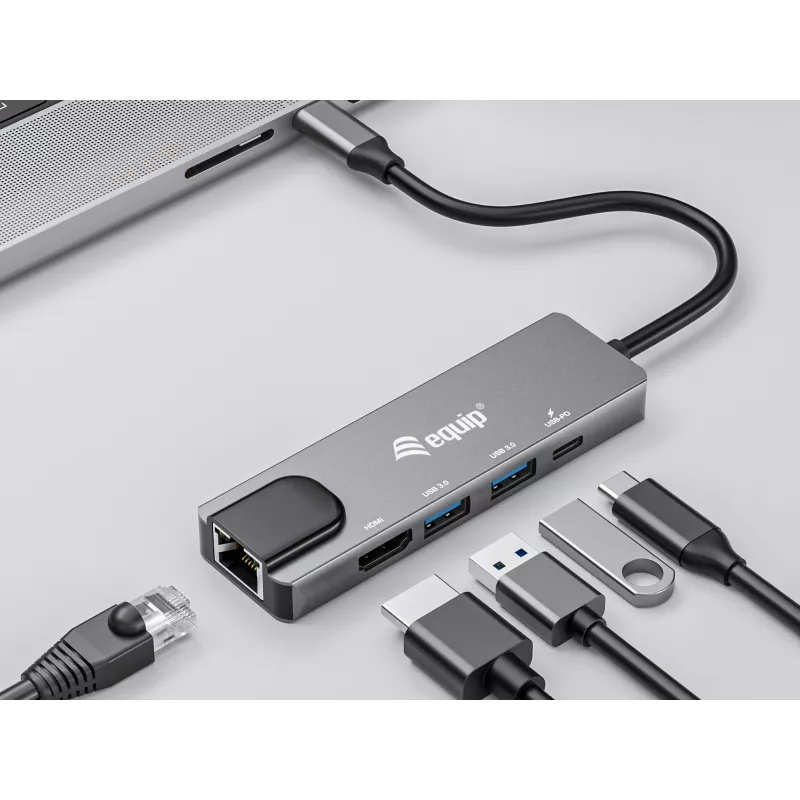 Equip USB-C 5-in-1 multifunkčný adaptér, HDMI, Gigabit-LAN, USB 3.2 Gen1, 100W USB PD
