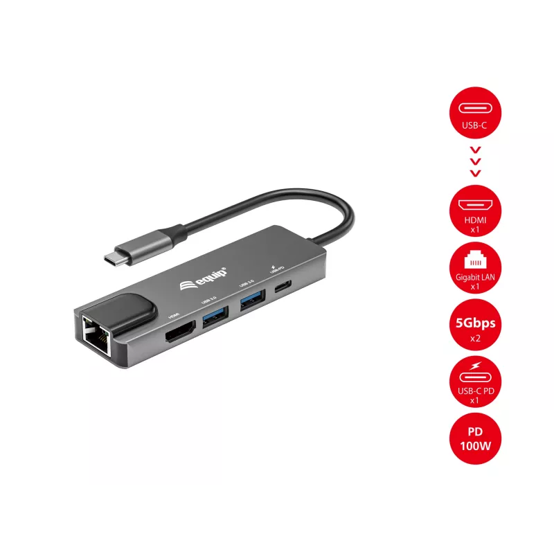 Equip USB-C 5-in-1 multifunkčný adaptér, HDMI, Gigabit-LAN, USB 3.2 Gen1, 100W USB PD