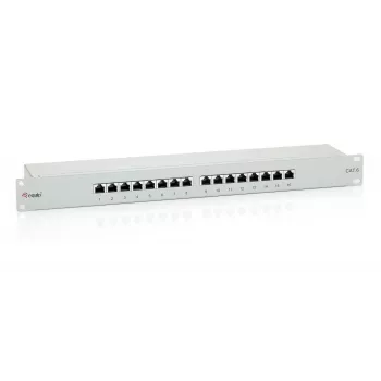 Equip 16-portový Cat.6 tienený patch panel, svetlosivý, RJ-45, zlatý, Cat6, montáž do racku, 1U, sivý