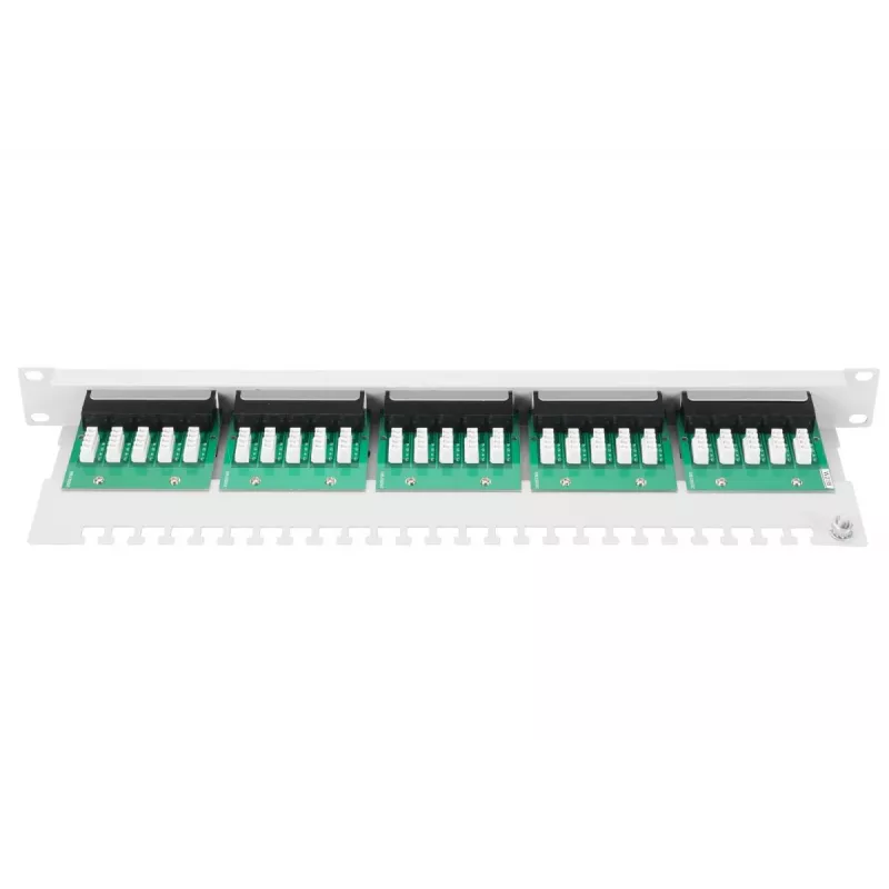DIGITUS CAT 3 ISDN Patch panel, netienený, 25-portový RJ45, 8P4C, LSA, 1U, racková montáž, farba sivý RAL 7035