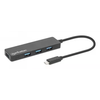 Manhattan USB-C dock/hub, konektory (4): USB-A (x4), 5 Gbps (USB 3.2 Gen1 známy aj ako USB 3.0), USB napájaný (nie je potrebný externý napájací zdroj), zodpovedá HB30CM4AB