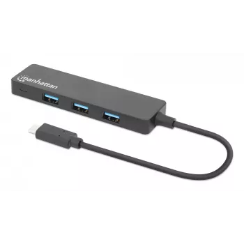 Manhattan USB-C dock/hub, konektory (4): USB-A (x4), 5 Gbps (USB 3.2 Gen1 známy aj ako USB 3.0), USB napájaný (nie je potrebný externý napájací zdroj), zodpovedá HB30CM4AB
