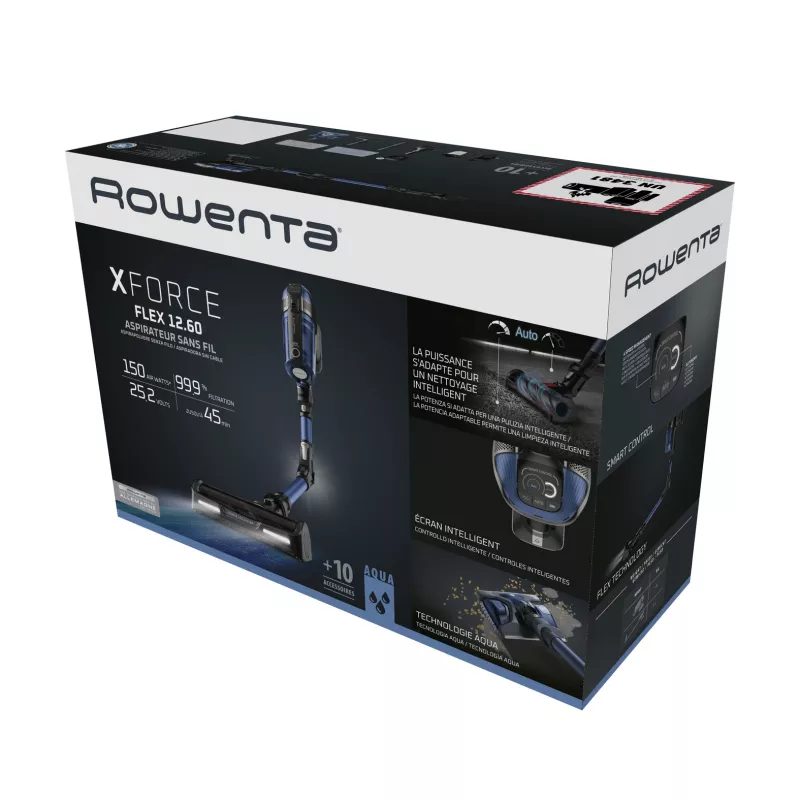 Rowenta X-Force Flex 12.60 Aqua RH98C0WO bezdrôtový tyčový vysávač 2v1, na sucho aj na mokro, bez vrecka, 320 W, 25,9 V, modrý/sivý