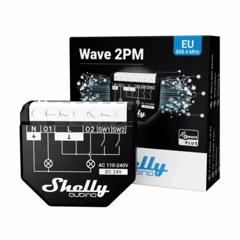 Inteligentný spínač Shelly WAVE 2PM čierny (Shelly) — bezdrôtový Z-Wave, 16 A, 110–240 V, 868,4 MHz