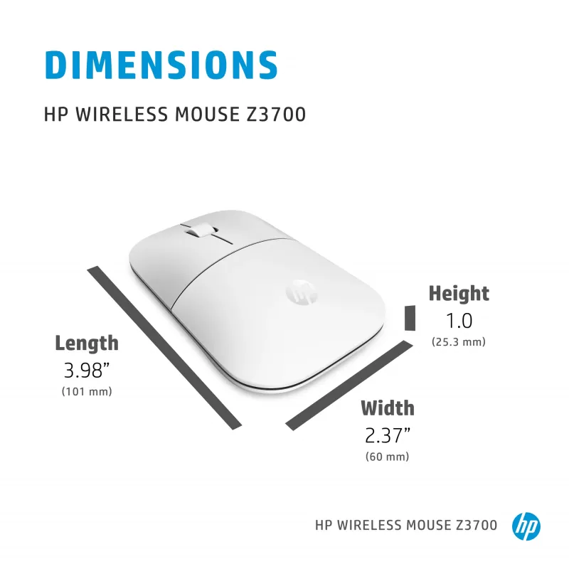 HP Z3700 keramická biela bezdrôtová myš, obojručná, optická, RF Wireless, 1200 DPI, strieborná, biela