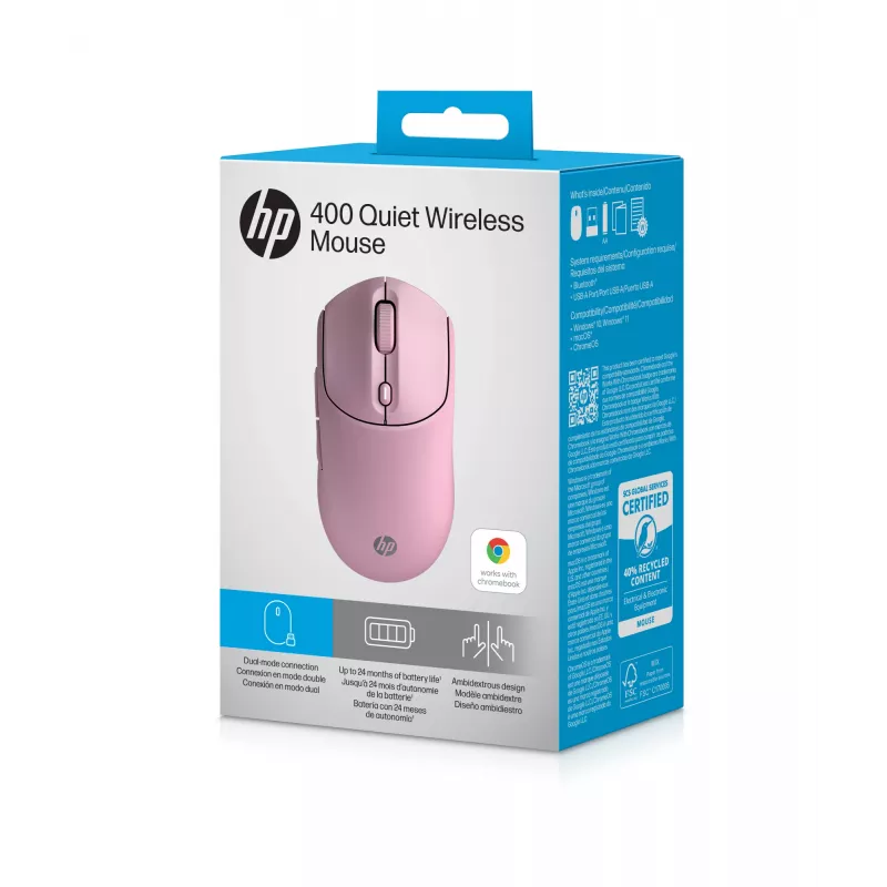 HP 400 tichá ružová bezdrôtová myš, obojručná, RF Wireless + Bluetooth, 6000 DPI, ružová