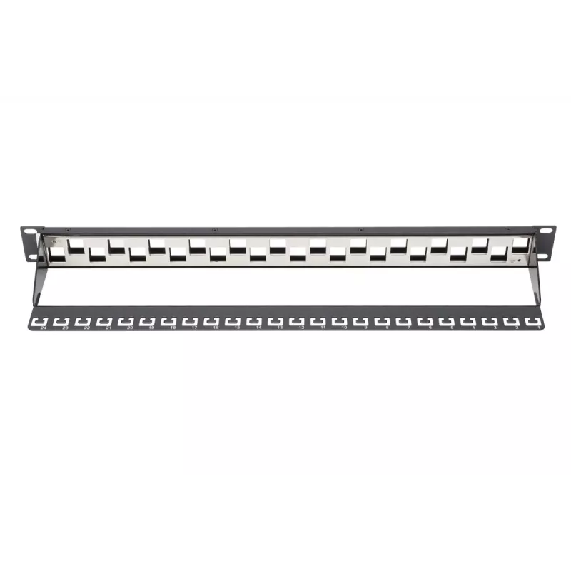 DIGITUS modulárny patch panel, tienený 24-port, blank, 1HE, rackmontáž, odsadený, farba čierny RAL 9005