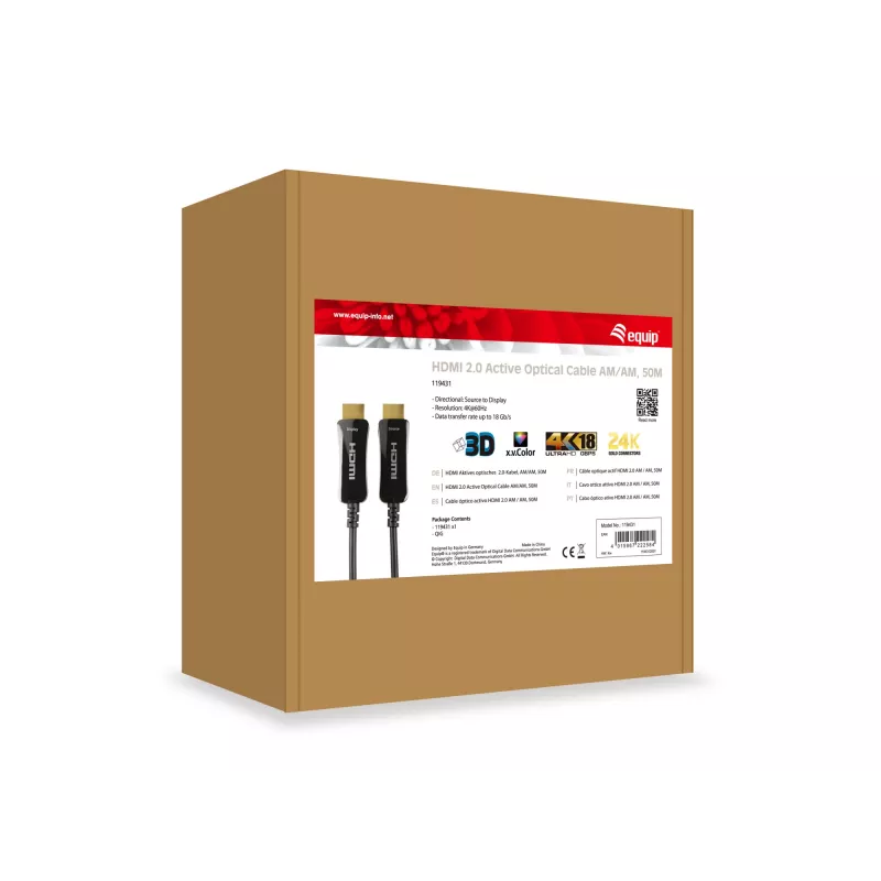 Equip HDMI 2.0 aktívny optický kábel AM/AM, 50m, 4K/60Hz, 50 m, HDMI Type-A (štandard), HDMI Type-A (štandard), 3D, čierny
