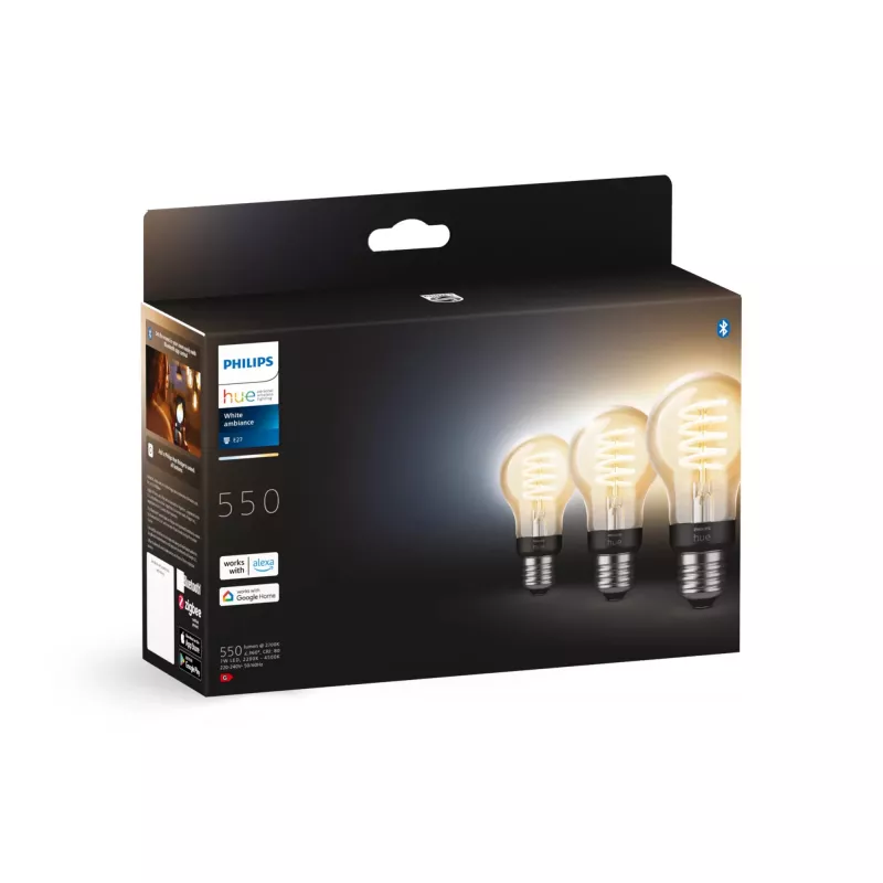 Philips Hue White Ambiance E27 A60 inteligentná žiarovka s vláknom, 7 W, 550 lm, 3 ks