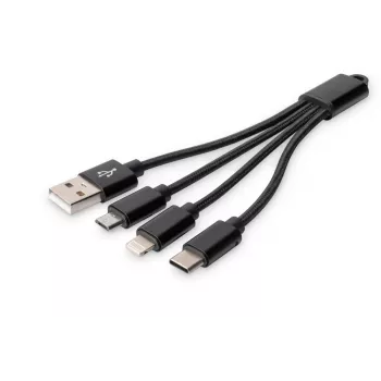 DIGITUS USB nabíjací kábel USB A – Lightning+Micro B+Type-C M/M/M/M 15 cm 3-in-1 kábel, bavlna, CE, čierny