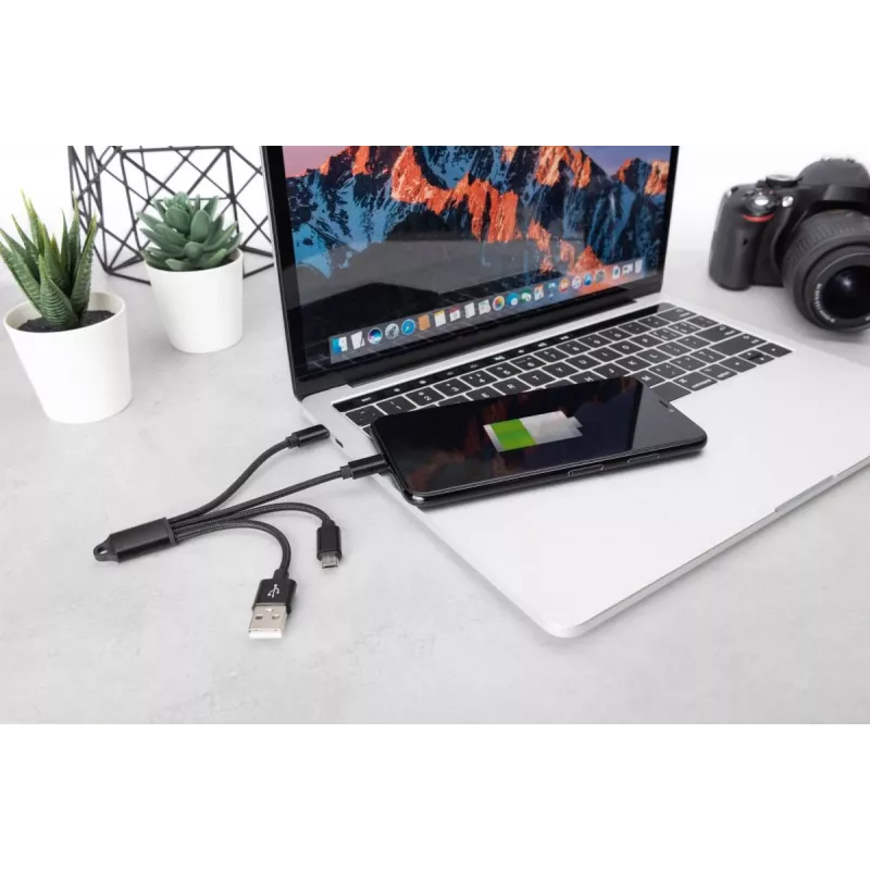 DIGITUS USB nabíjací kábel USB A – Lightning+Micro B+Type-C M/M/M/M 15 cm 3-in-1 kábel, bavlna, CE, čierny