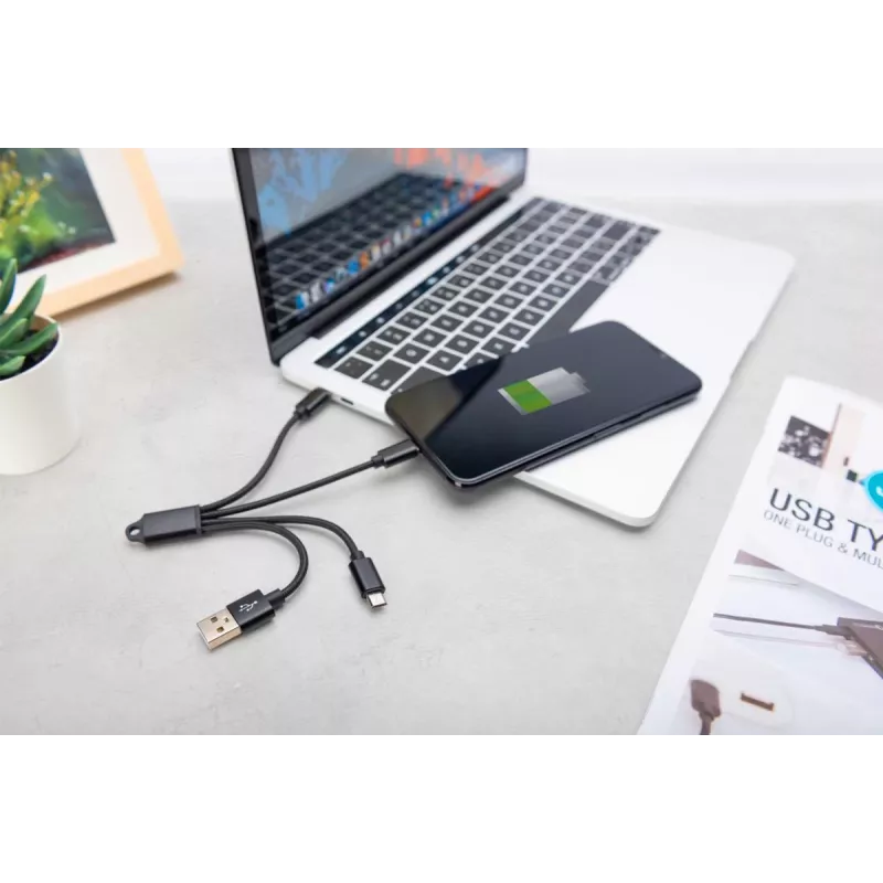 DIGITUS USB nabíjací kábel USB A – Lightning+Micro B+Type-C M/M/M/M 15 cm 3-in-1 kábel, bavlna, CE, čierny