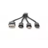 DIGITUS USB nabíjací kábel USB A – Lightning+Micro B+Type-C M/M/M/M 15 cm 3-in-1 kábel, bavlna, CE, čierny