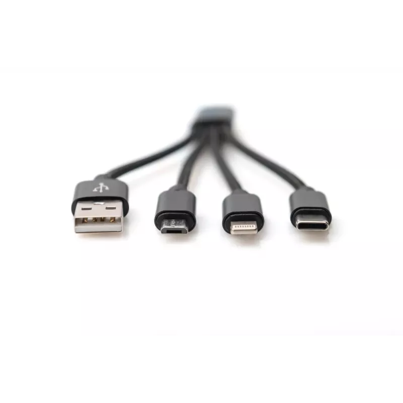 DIGITUS USB nabíjací kábel USB A – Lightning+Micro B+Type-C M/M/M/M 15 cm 3-in-1 kábel, bavlna, CE, čierny