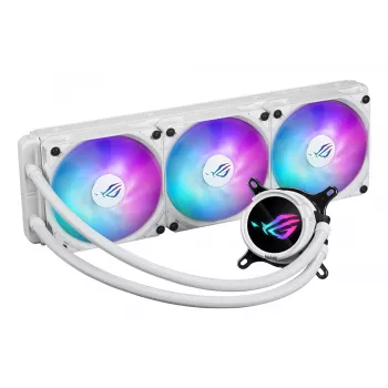 Súprava kvapalinového chladenia ASUS ROG Strix LC III 360 ARGB White Edition — 360 mm radiátor, 3x 120 mm ARGB ventilátory, LCD displej, medené dno