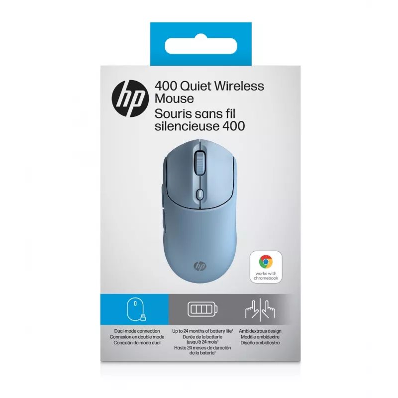 HP 400 tichá modrá bezdrôtová myš, obojručná, RF Wireless + Bluetooth, 6000 DPI, modrá