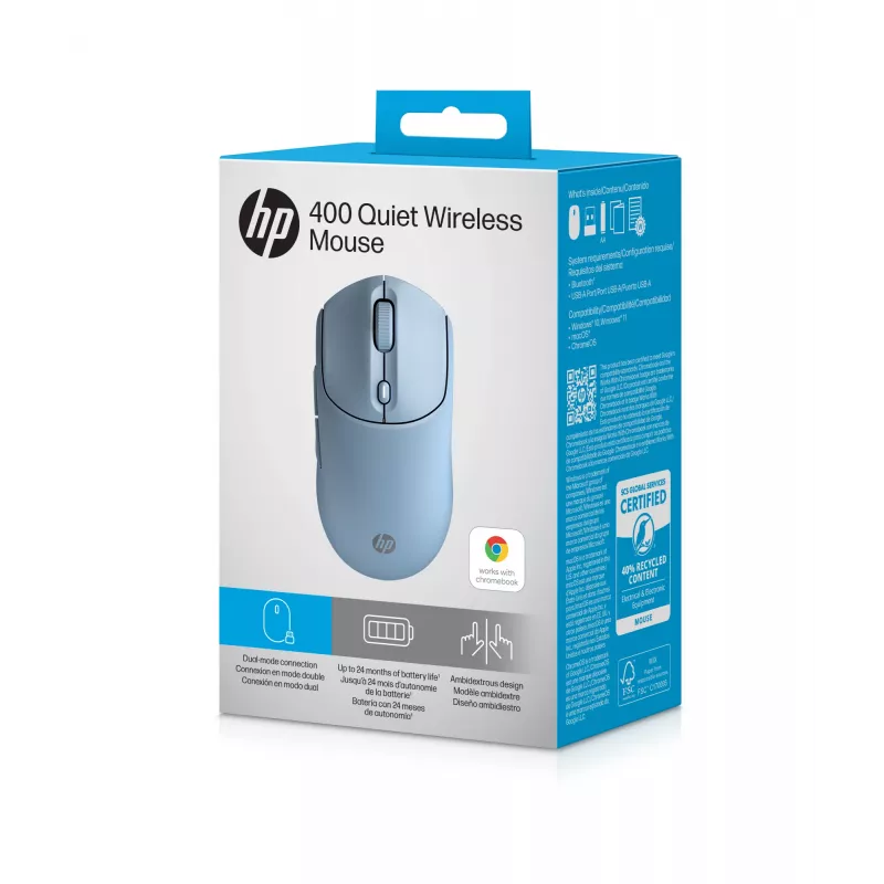 HP 400 tichá modrá bezdrôtová myš, obojručná, RF Wireless + Bluetooth, 6000 DPI, modrá