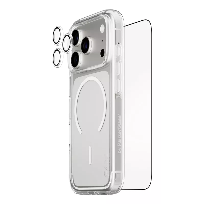 Sada ochrany obrazovky PanzerGlass CARE 3-in-1 Flagship Explorer pre iPhone 17 Pro – tvrdené sklo, PET, silikón, transparentné