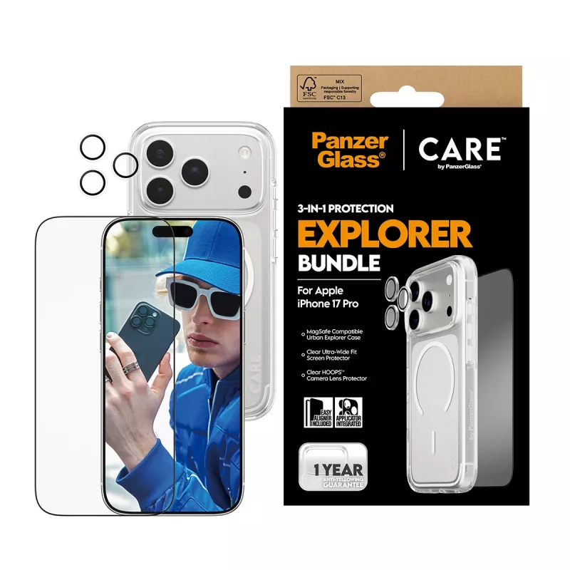 Sada ochrany obrazovky PanzerGlass CARE 3-in-1 Flagship Explorer pre iPhone 17 Pro – tvrdené sklo, PET, silikón, transparentné
