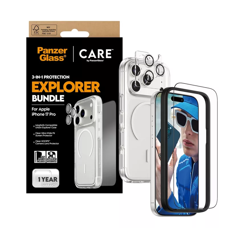 Sada ochrany obrazovky PanzerGlass CARE 3-in-1 Flagship Explorer pre iPhone 17 Pro – tvrdené sklo, PET, silikón, transparentné