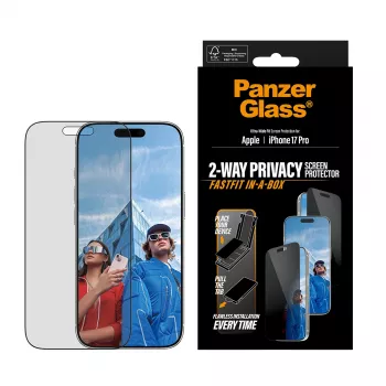 Ochranná fólia displeja PanzerGlass 2-Way Privacy pre iPhone 17 Pro — Ultra-Wide Fit, tvrdené sklo, filter proti videniu, FASTFIT