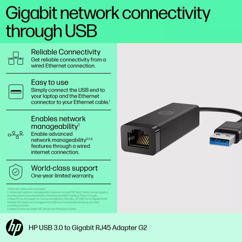 HP USB 3.0 na Gigabit RJ45 adaptér G2, káblový, USB, Ethernet, čierna