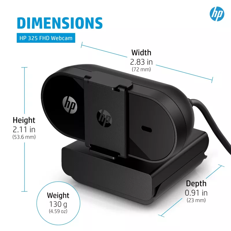 HP 325 FHD webkamera, business, Windows 10, Windows 11, MacOS, 72 mm, 53,6 mm, 53,2 mm