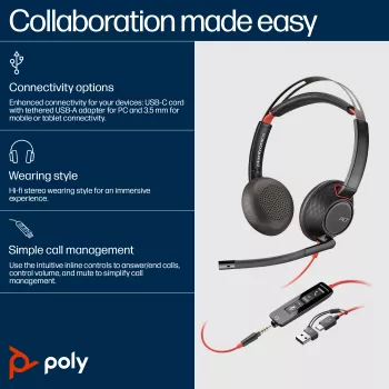 HP Poly Blackwire 5220 stereo USB-C headset +3,5 mm konektor +USB-C/A adaptér (množstevné balenie)