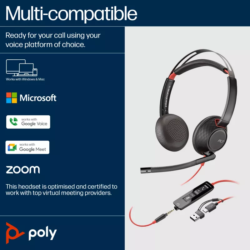 HP Poly Blackwire 5220 stereo USB-C headset +3,5 mm konektor +USB-C/A adaptér (množstevné balenie)