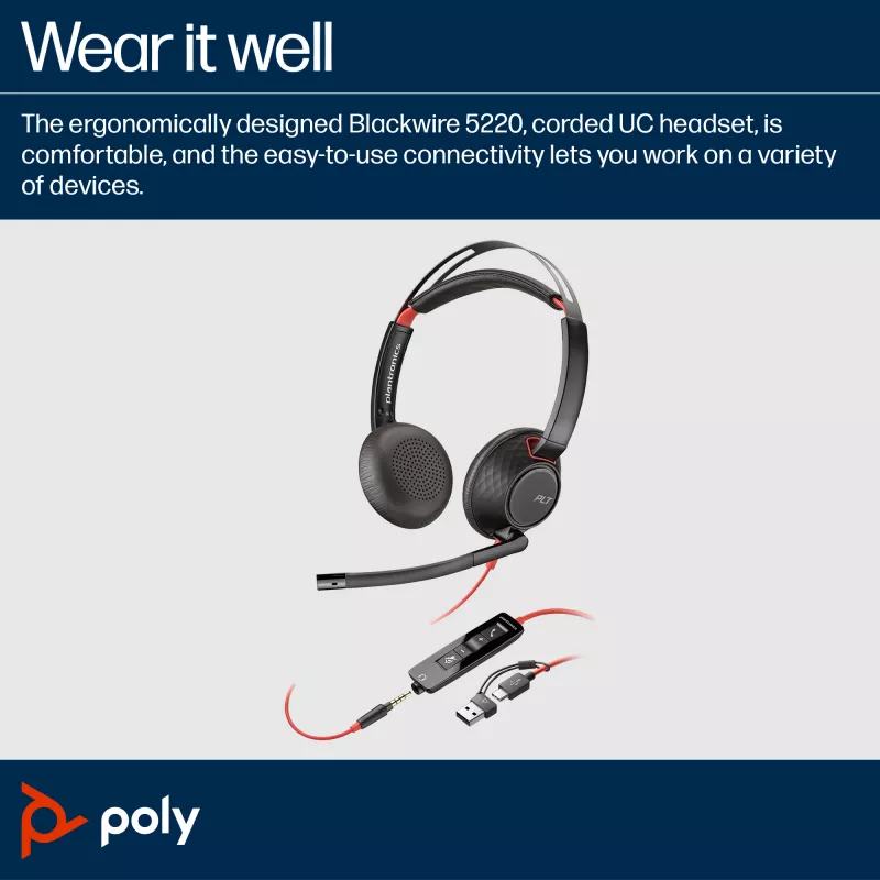 HP Poly Blackwire 5220 stereo USB-C headset +3,5 mm konektor +USB-C/A adaptér (množstevné balenie)