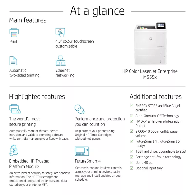 HP Color LaserJet Enterprise M555x, laser, farba, 1200 x 1200 DPI, A4, 38 str./min, obojstranná tlač