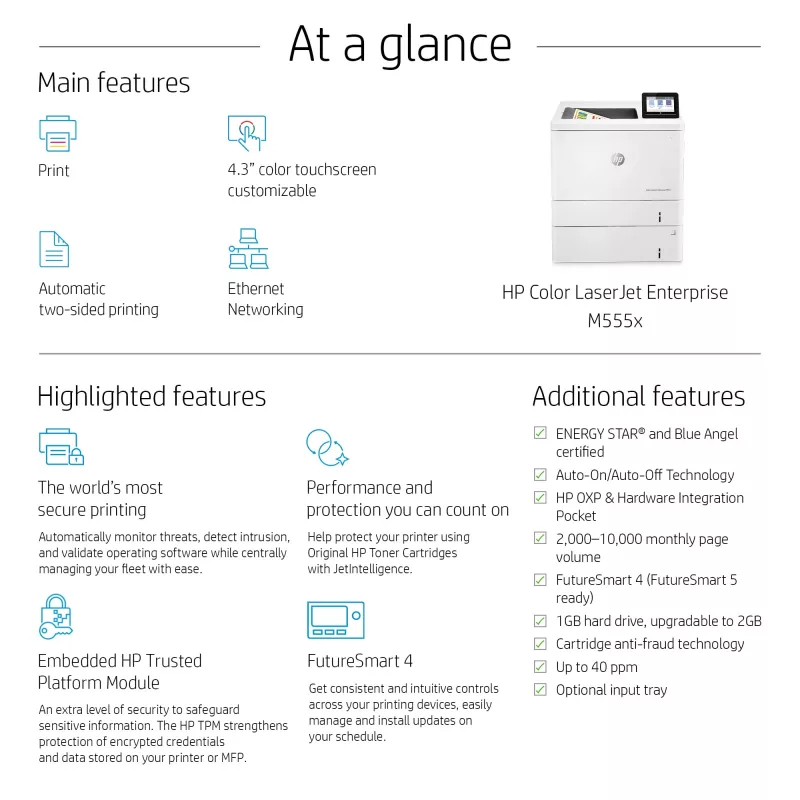 HP Color LaserJet Enterprise M555x, laser, farba, 1200 x 1200 DPI, A4, 38 str./min, obojstranná tlač