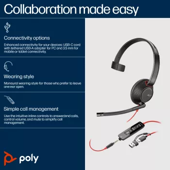 HP Poly Blackwire 5210 monaurálny USB-C headset +3.5mm konektor +USB-C/A adaptér (Bulk)