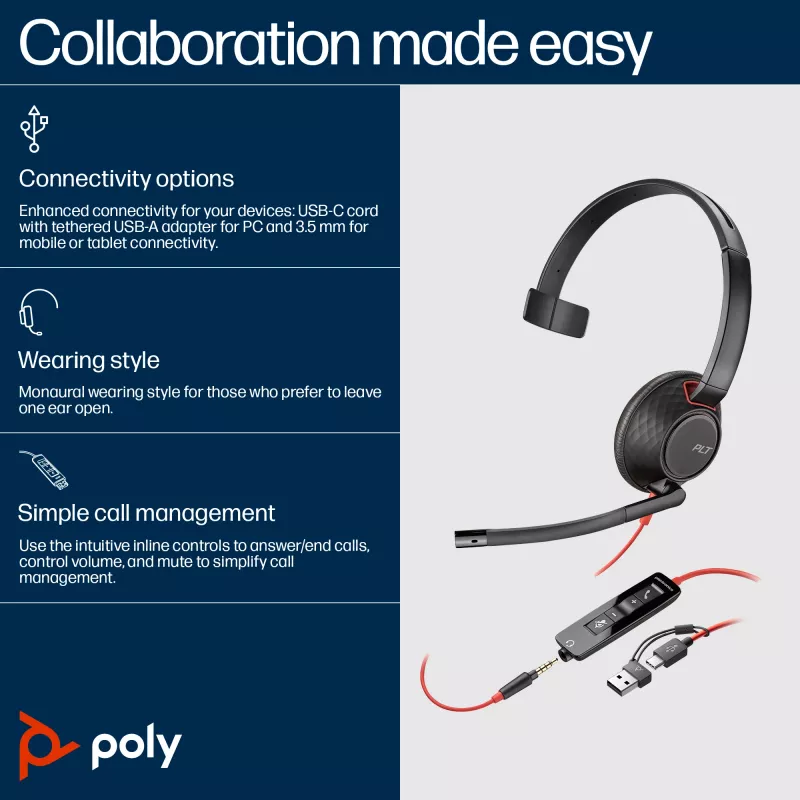 HP Poly Blackwire 5210 monaurálny USB-C headset +3.5mm konektor +USB-C/A adaptér (Bulk)