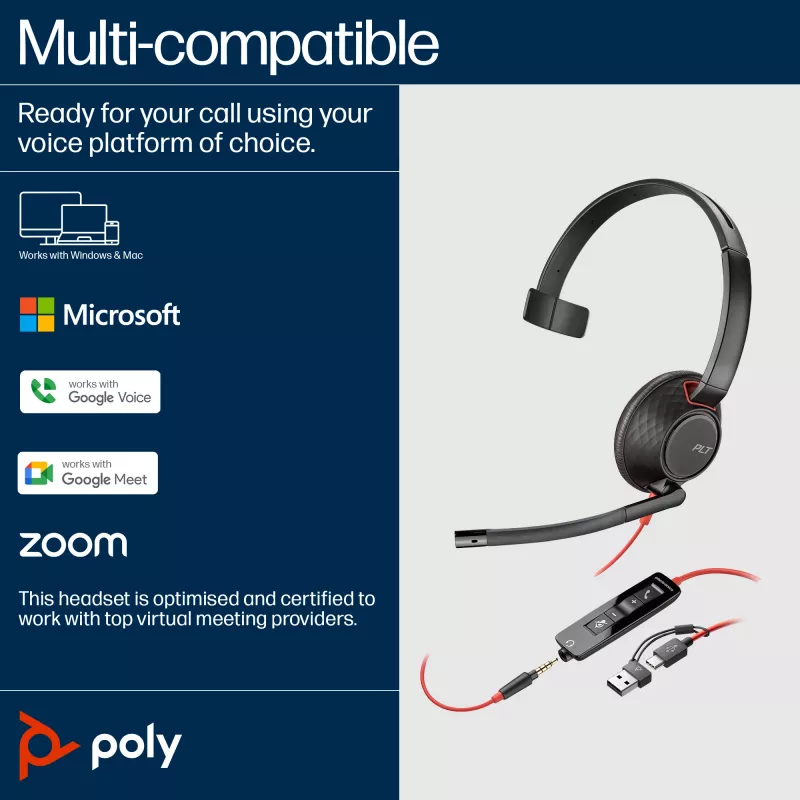 HP Poly Blackwire 5210 monaurálny USB-C headset +3.5mm konektor +USB-C/A adaptér (Bulk)