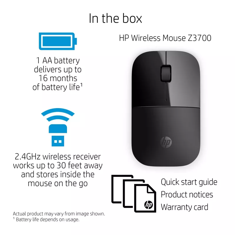 HP Z3700 čierna bezdrôtová myš, obojručná, optická, RF bezdrôtová, 1200 DPI, čierna