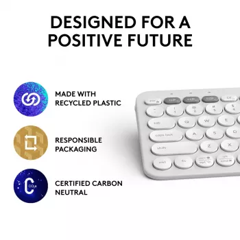 Kompaktná mini klávesnica Logitech Pebble Keys 2 K380s — RF Wireless + Bluetooth, QWERTY US International, biela