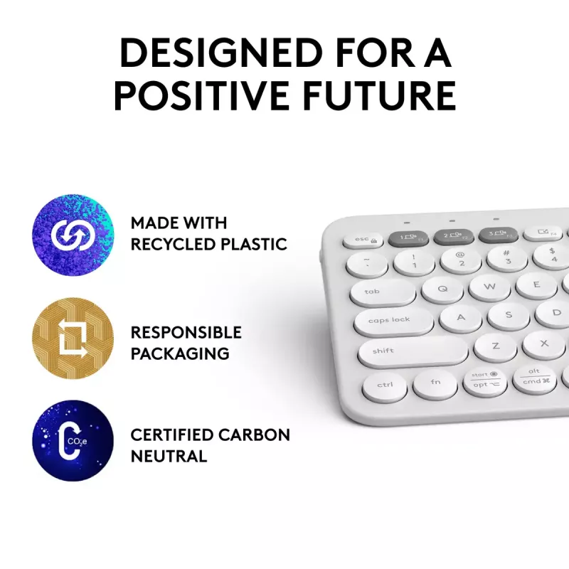 Kompaktná mini klávesnica Logitech Pebble Keys 2 K380s — RF Wireless + Bluetooth, QWERTY US International, biela
