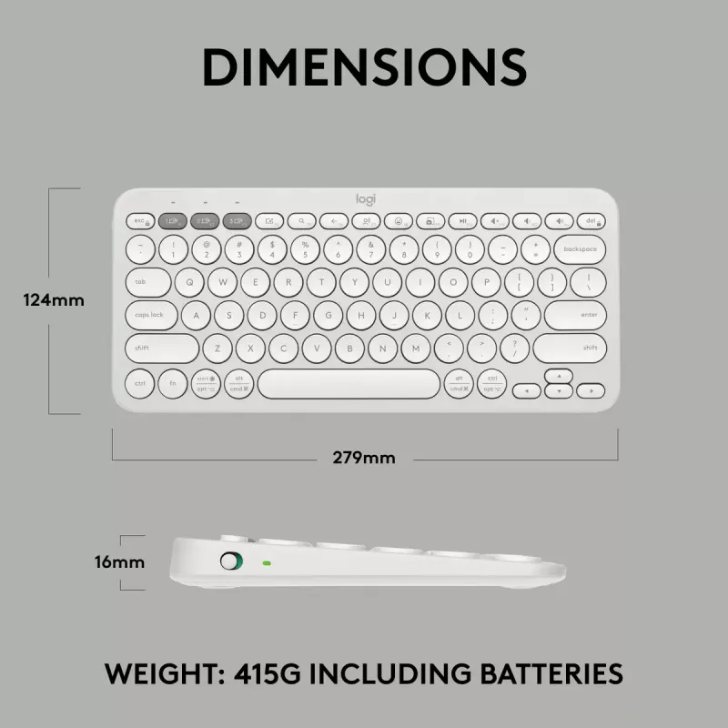 Kompaktná mini klávesnica Logitech Pebble Keys 2 K380s — RF Wireless + Bluetooth, QWERTY US International, biela