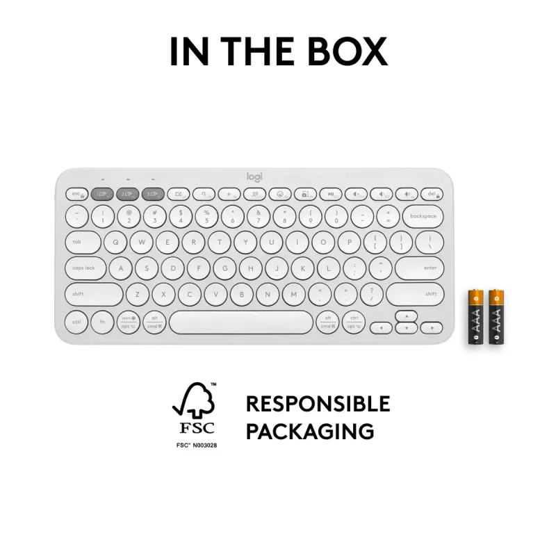 Kompaktná mini klávesnica Logitech Pebble Keys 2 K380s — RF Wireless + Bluetooth, QWERTY US International, biela